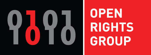 Org Logo - a black box containing one grey key then one red key, then two grey keys, then a red box containing the words open rights group in white