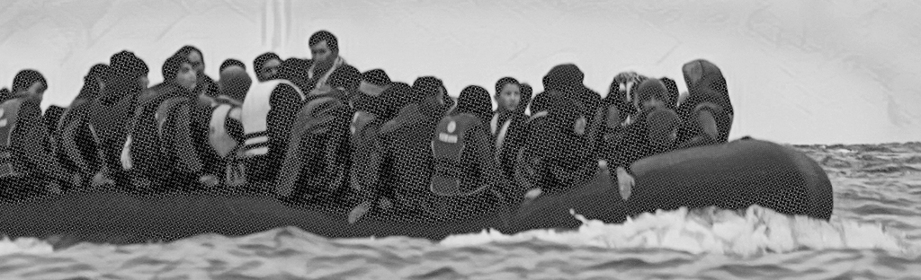 Monochrome photo of migrants on a small boat crossing