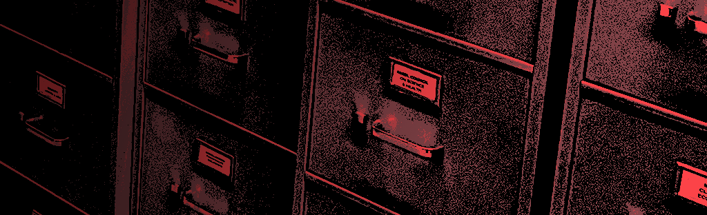 Red and black image of filing cabinets